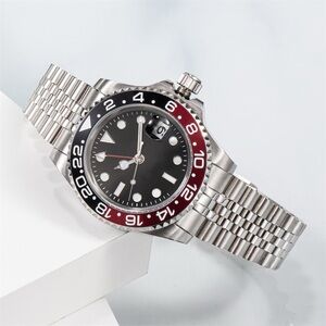 Stainless Steel Watch with Black and Red Bezel